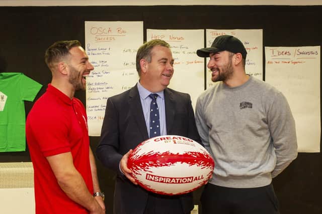 Grassroots cause: Minister for Sport, Media and Creative Industries Nigel Adams chats with ambassadors and England rugby league internationals Luke Gale and Jake Connor.  Picture: Tony Johnson