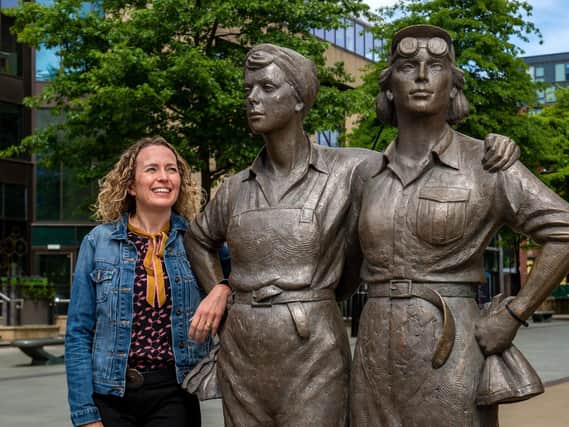 Michelle Rawlins, at the Women of Steel statue in Sheffield which honours the female workers who kept the munitions factories going in dangerous conditions to help win two world wars. (Bruce Rollinson).