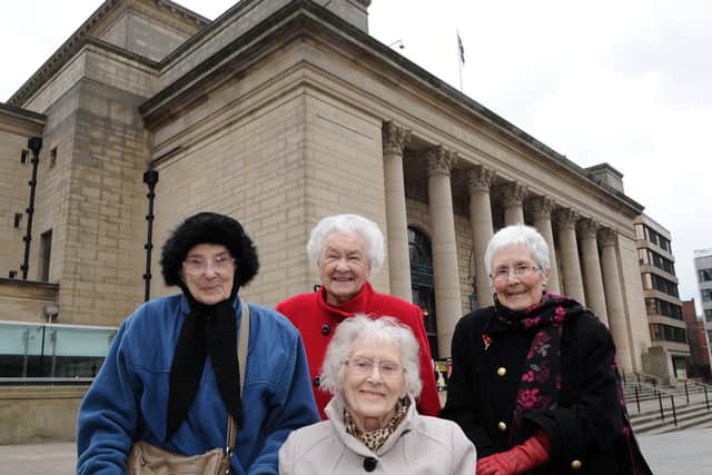 Women of Steel: Dorothy Slingsby, Ruby Gascoigne, Kathleen Roberts and Kit Sollitt (front) outside Sheffield City Hall in 2016.