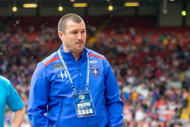 Picture by Allan McKenzie/SWpix.com - 25/05/2019 - Rugby League - Dacia Magic Weekend 2019 - Wakefield Trinity v Catalans Dragons - Anfield, Liverpool, England - Wakefield coach Chris Chester looks on at his side during the Magic Weekend match against Catalans.