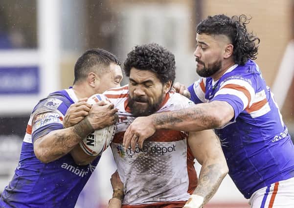 Picture by Allan McKenzie/SWpix.com - 10/03/2019 - Rugby League - Betfred Super League - Wakefield Trinity v Hull KR - The Mobile Rocket Stadium, Wakefield, England - Hull KR's Mose Masoe is tackled by Wakefield's Tinirau Arona & David Fifita.