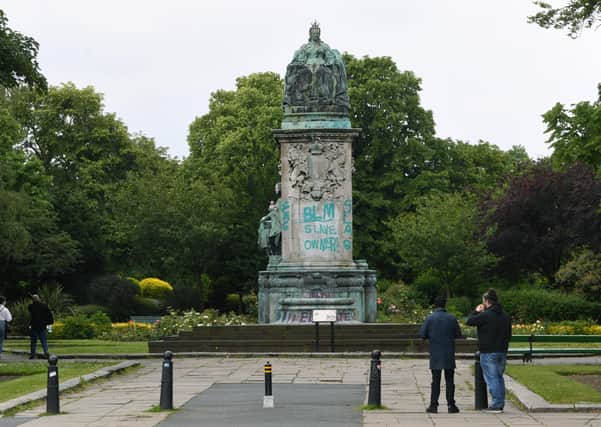 The defaced monument to Queen Victoria on Woodhouse Moor, Leeds. Photo: Jonathan Gawthorpe.