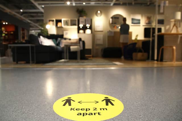 Signs displaying social distancing in Ikea on June 1, 2020 in London.  (Photo by Julian Finney/Getty Images)