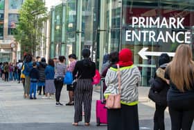 Shoppers queue for Primark on Monday, March 15 after non-essential retailers were allowed to reopen. Photo: Bruce Rollinson