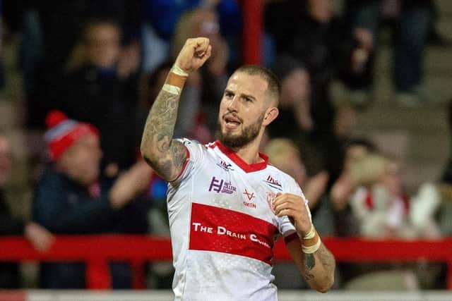 Ben Crooks celebrates his four tyr's at full time.
Hull KR v Wakefield Trinity.  BetFred Super League.  KCOM Craven Park Stadium.
31 January 2020.  Picture Bruce Rollinson