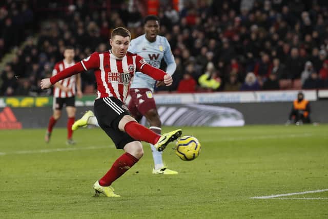 John Fleck scores his and Sheffield United's second goal in the 2-0 win against Aston Villa at Bramall Lane in December. Picture: Simon Bellis/Sportimage