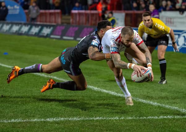 Ben Crooks scores Hull's first try.
Hull KR v Wakefield Trinity.  BetFred Super League.  KCOM Craven Park Stadium.
31 January 2020.  Picture Bruce Rollinson