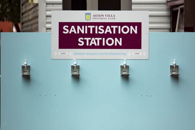 A sanitisation station at Villa Park, Birmingham, before the Premier League restart which starts with Aston Villa v Sheffield United on Wednesday evening. (PIcture: Jacob King/PA Wire)