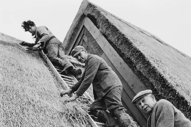 George, Stanley, and Stephen Shelley, three generations of roof thatchers, posing on a ladder, 9th March 1967. (Photo by Reg Burkett/Express/Hulton Archive/Getty Images)