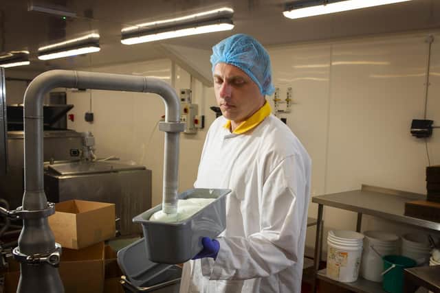 Darius Barkunas factory manager  at Yorkshire Dales Ice Cream near Skipton. The company, worried about selling its stock when lockdown hit, was inundated with calls for home delivery for its wholesale tubs. Having sold so many they reopened the factory, making enough for 1,000 trays of Yorkshire ice cream a day, each with 25-30 scoops. Picture Tony Johnson