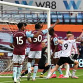 Aston Villa goalkeeper Orjan Nyland appears to carry the ball over the line as Sheffield United players appeal during the Premier League match at Villa Park, Birmingham. (Picture: Paul Ellis/PA)