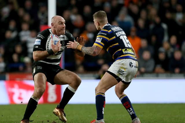 Leeds Rhino's Liam Sutcliffe tackles Hull Fc Gareth Ellis during the Betfred Super League match at Emerald Headingley Stadium, Leeds. PA Photo. Picture date: Sunday February 2, 2020. See PA story RUGBYU Leeds. Photo credit should read: Richard Sellers/PA Wire. RESTRICTIONS: Editorial use only. No commercial use. No false commercial association. No video emulation. No manipulation of images.