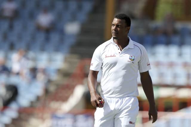 West Indies' Shannon Gabriel bowls against England during day four of the third cricket Test match at the Daren Sammy Cricket Ground in Gros Islet, St. Lucia, Tuesday, Feb. 12, 2019. (AP Photo/Ricardo Mazalan)