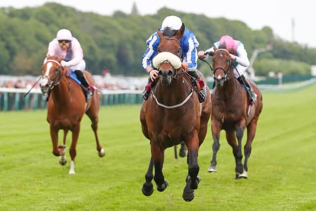 Hello Youmzain and Kevin Stott sprint clear in the 2019 Sandy Lane Stakes. Photo: John Grossick and Haydock Park Racecourse.