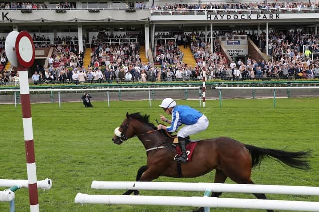 This was Hello Youmzain and Kevin Stott winning the 2019 Sandy Lane Stakes at Haydock. Photo: John Grossick and Haydock Park Racecourse.