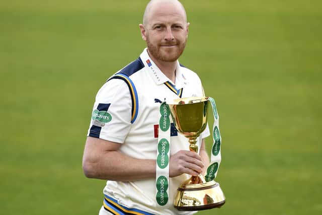 Winner: Yorkshire's Andrew Gale holds the County Championship Trophy, during the launch of the 2016 County Championship at Old Trafford. Picture: PA