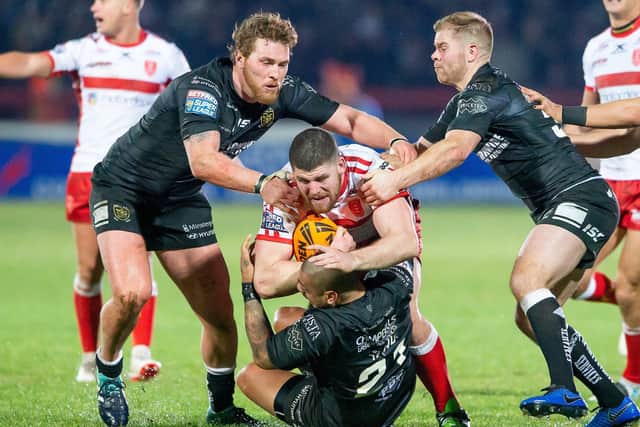 Picture by Allan McKenzie/SWpix.com - 01/02/2019 - Rugby League - Betfred Super League - Hull KR v Hull FC - KC Lightstream Stadium, Hull, England - Mitch Garbutt is tackled by Scott Taylor, Sika Manu & Danny Washbrook.