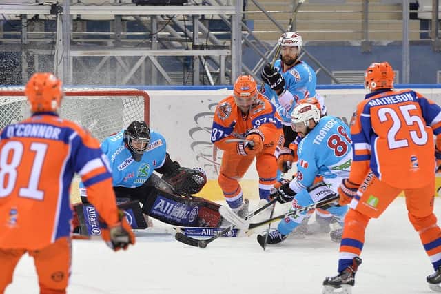 Matt Marquardt puts pressure on the Ritten goal in Minsk when the Steelers last contested the Continental Cup back in January 2018. Picture courtesy of Dean Woolley.