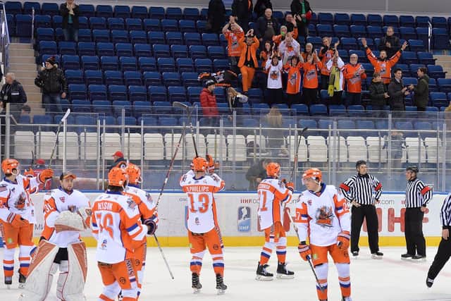 Sheffield Steelers' players salute their fans after llosing to Continental Cup hosts, Yunost Minsk in 2018. Picture: Dean Woolley.