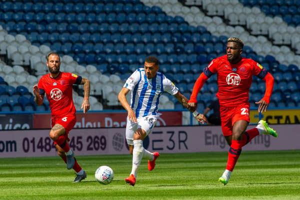 Huddersfield Town forward Karlan Grant on the attack against Wigan. PICTURE: TONY JOHNSON.