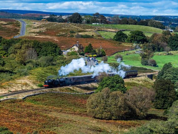 A steam train passes through heather moorland near Goathland
