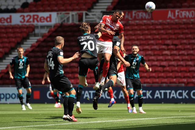 NO WAY THROUGH: Middlesbrough's Lukas Nmecha heads towards goal at the Riverside Stadium. Picture: Owen Humphreys/PA