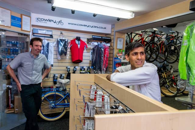 Rishi Sunak with Stephen Cowley of Cowleys Cycles in Northallerton. Photo: James Hardisty.