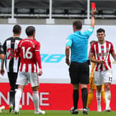 John Egan of Sheffield United is sent off. Picture Simon Bellis/Sportimage