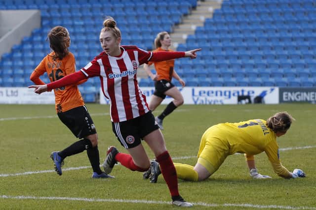New deal - Jade Pennock celebrates scoring the first goal during the The FA Women's Championship match at the Proact Stadium, Chesterfield (Picture: Simon Bellis/Sportimage)