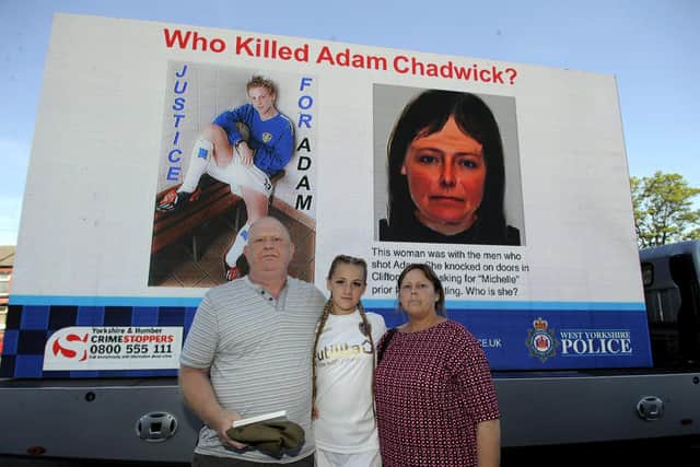 Martin and Jackie Chadwick, with Adam's daughter Ruby, as they made an appeal for information on the anniversary of the shooting two years ago. Picture: Simon Hulme