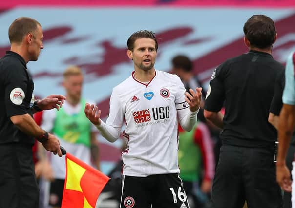 Oliver Norwood of Sheffield United reacts towards the referee at the final whistle of the Villa game (Picture: Simon Bellis/Sportimage)