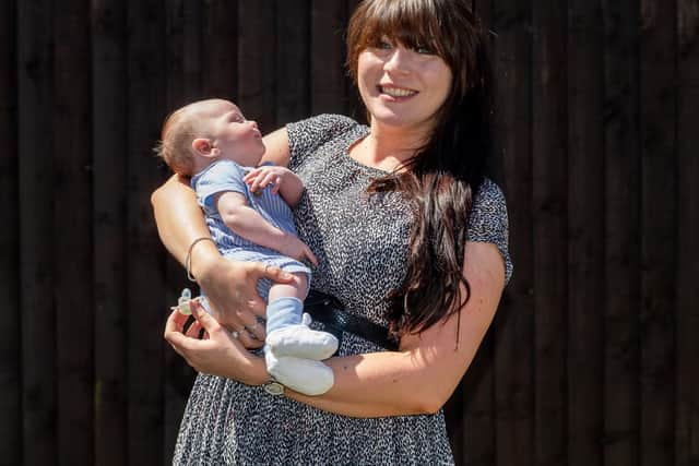 Pictured, Lucy Waterworth, with son Tommy, who she gave birth to on 7 April, at Scarborough Hospital/ Photo credit: James Hardisty/ JPImedia Resell