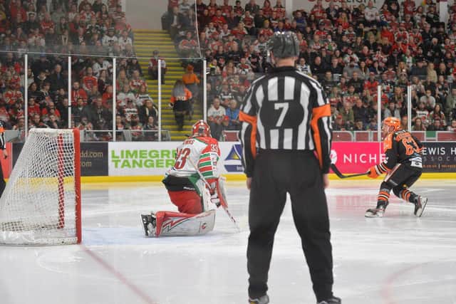 MAGIC MOMENT: Brendan Connolly scores from a penalty shot in the Challenge Cup FInal against Cardiff Devils, the Steelers winning 4-3. Picture: EIHL.