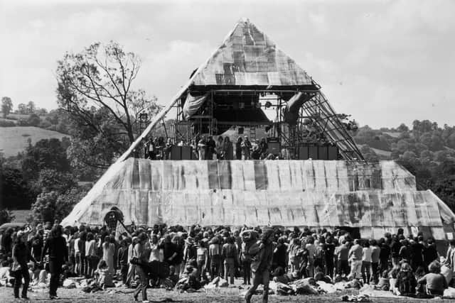 June 1971:  The second annual Glastonbury music festival, which saw the first use of a pyramid stage.  (Photo by Ian Tyas/Keystone Features/Getty Images)