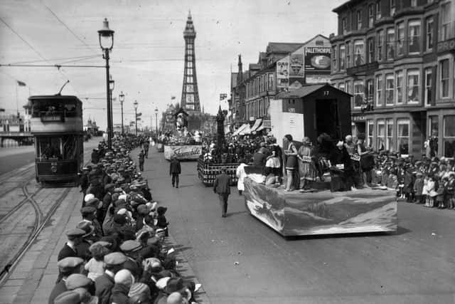 29th June 1930:  One of the floats, depicting bathing belles of the Nineties, in  the pageant in Blackpool led by Britain's Cotton Queen. Miss F Lockett, selected from 18 Lancashire Cotton Queens, gained the title and was crowned by The Mayor and Mayoress of Blackpool. Blackpool Tower can be seen in the background.  (Photo by Douglas Miller/Topical Press Agency/Getty Images)