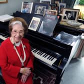 The remarkable Dame Fannny, co-founder of the Leeds International Pianoforte Competition, at home with one of her Steinways
