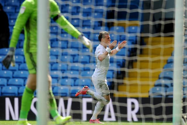 SUPER SUB: Ezgjan Alioski wheels away after scoring Leeds' second goal of the game. Picture: Simon Hulme.