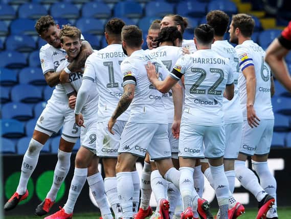 IN FRONT: Leeds United players celebrate Patrick Bamford's opener. Picture: Simon Hulme.