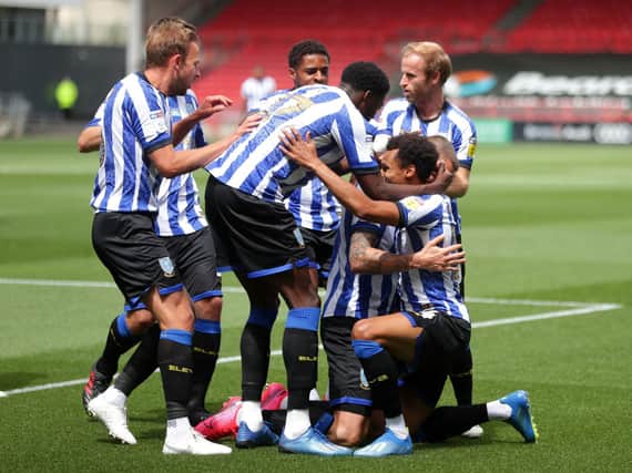 VICTORY: Sheffield Wednesday players celebrate Connor Wickham's opening goal at Bristol City. Picture:  David Davies/PA Wire.