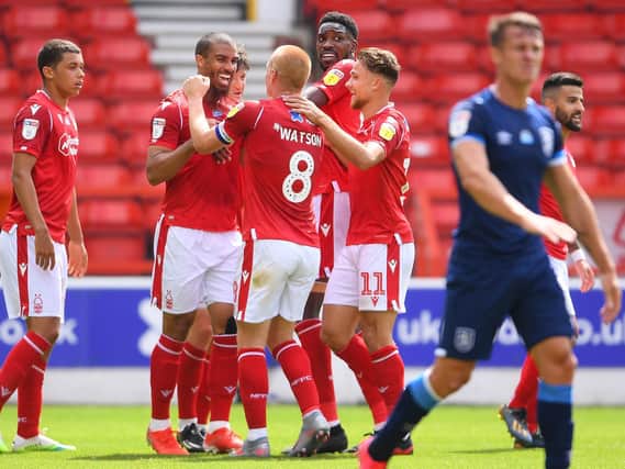 MATCH-WINNER: Forest celebrate taking the lead after Lewis Grabban volleyed in the opener. Picture: Laurence Griffiths/Getty Images.