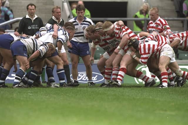 The Wigan and Bath packs scrum down in 1996 (Picture: Mike  Hewitt/Allsport)