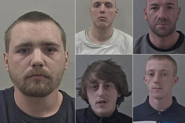 Clockwise from left: Scott Hendry, 27, Andres Vassou, 30, Lee Healey, 33, Reece Navarro, 20, Jamie Blythe, 23 (Pictures: Humberside Police)