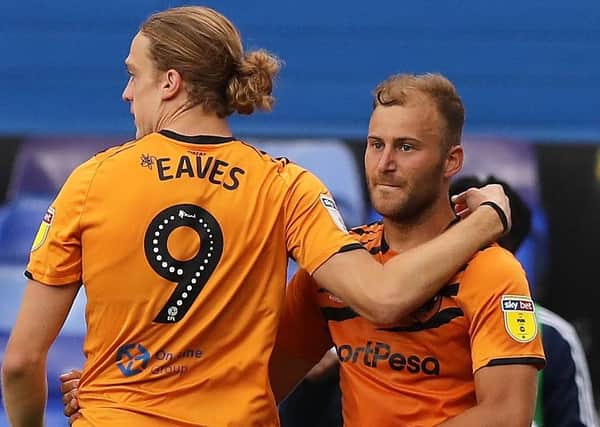 Herbie Kane is congratulated by Tom Eaves after putting Hull City 3-2 up at Birmingham City. Picture: Getty Images