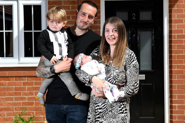 Pictured Jack Bruce, with partner Jessica Rowlands, son Ezra and new born daughter Violet in West Yorkshire. Photo credit: Simon Hulme/ JPImediaResell.