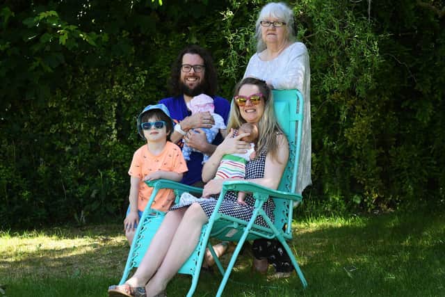 Neil Gouldson with partner Chloe Hindmarsh, twins, grandmother Elizabeth Hindmarsh and son Freddie. Photo credit Jonathan Gawthorpe/JPImediaresell