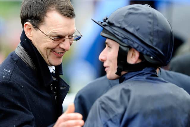 NEWMARKET, ENGLAND - MAY 06: Aidan O'Brien congratulates Ryan Moore at Newmarket racecourse on May 06, 2012 in Newmarket, England. (Photo by Alan Crowhurst/Getty Images)