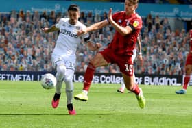 Leeds United v Fulham..Pablo Hernandez is challenged by Tom Cairney27th June 2020..Picture by Simon Hulme