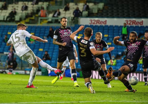 Stuart Dallas scores Leeds United's equaliser. Picture Bruce Rollinson