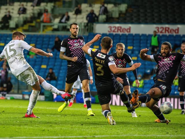 Stuart Dallas scores Leeds United's equaliser. Picture Bruce Rollinson