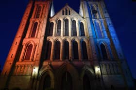 Ripon Cathedral pictured in May when it was lit up for VE Day. Picture: Jonathan Gawthorpe